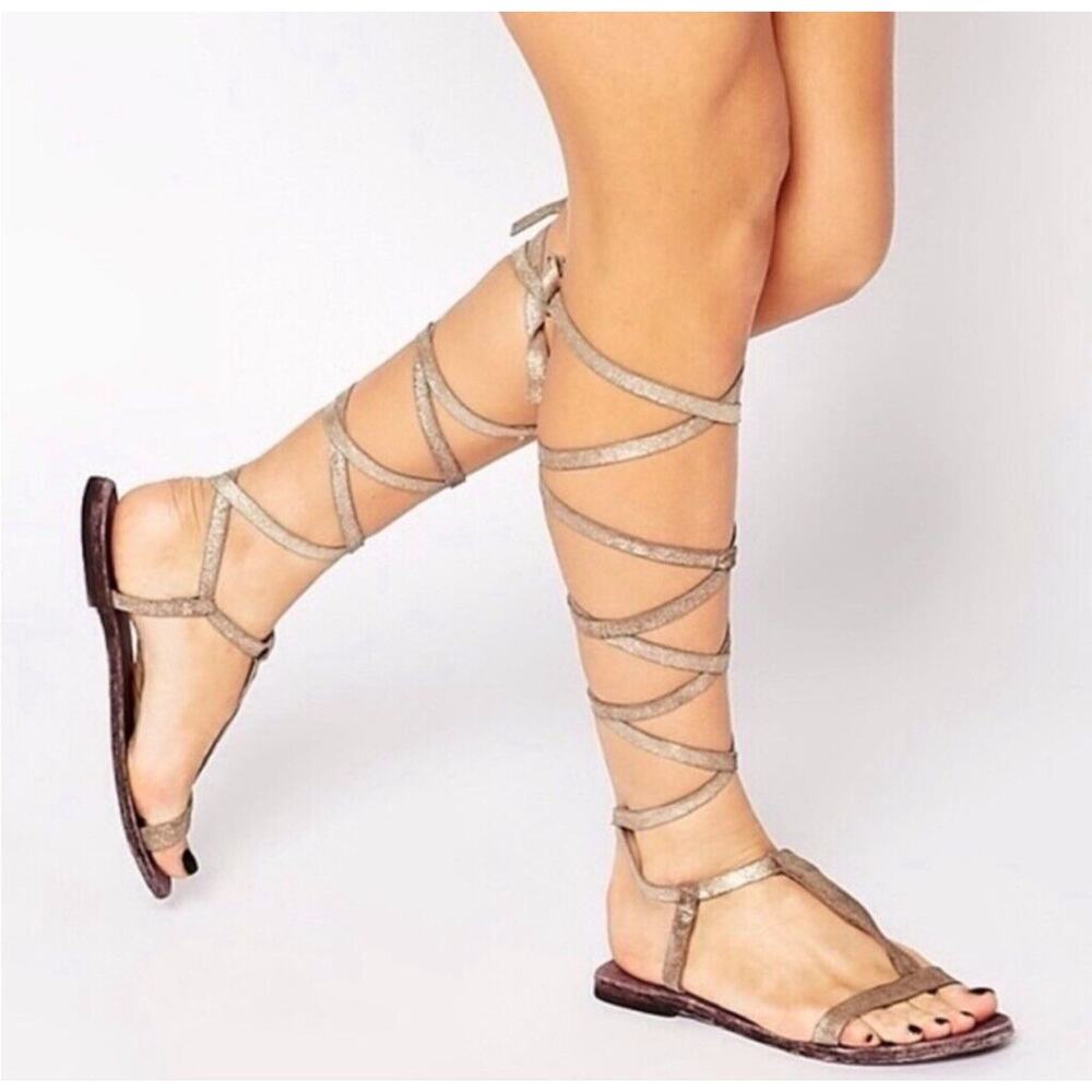 Free People‎ Sandals Gladiator Womens 7 Dahlia Lace Up Gold Suede Flat Heel New